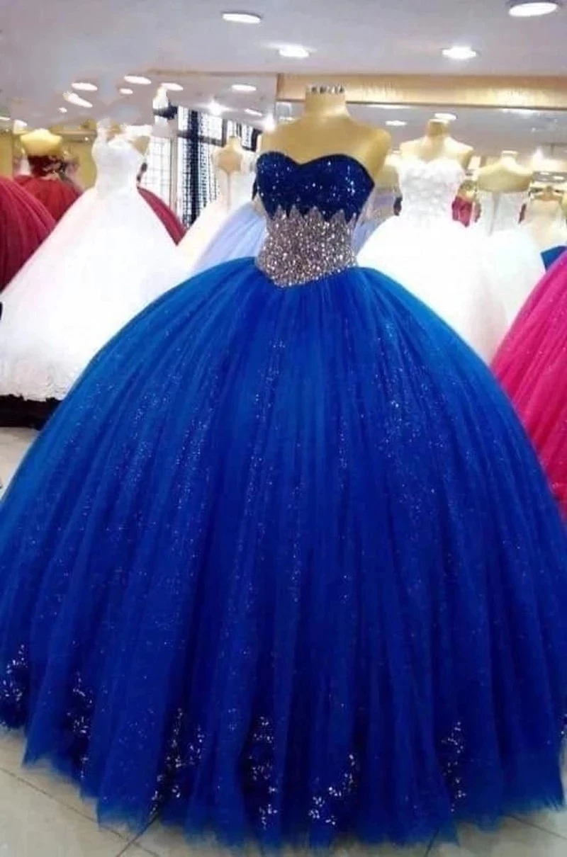 Customized Royal Blue Sweetheart Ball Gown Quinceanera Dress Beading Lace Tulle Glitter Sweet 16 Princess Birthday Party Gowns