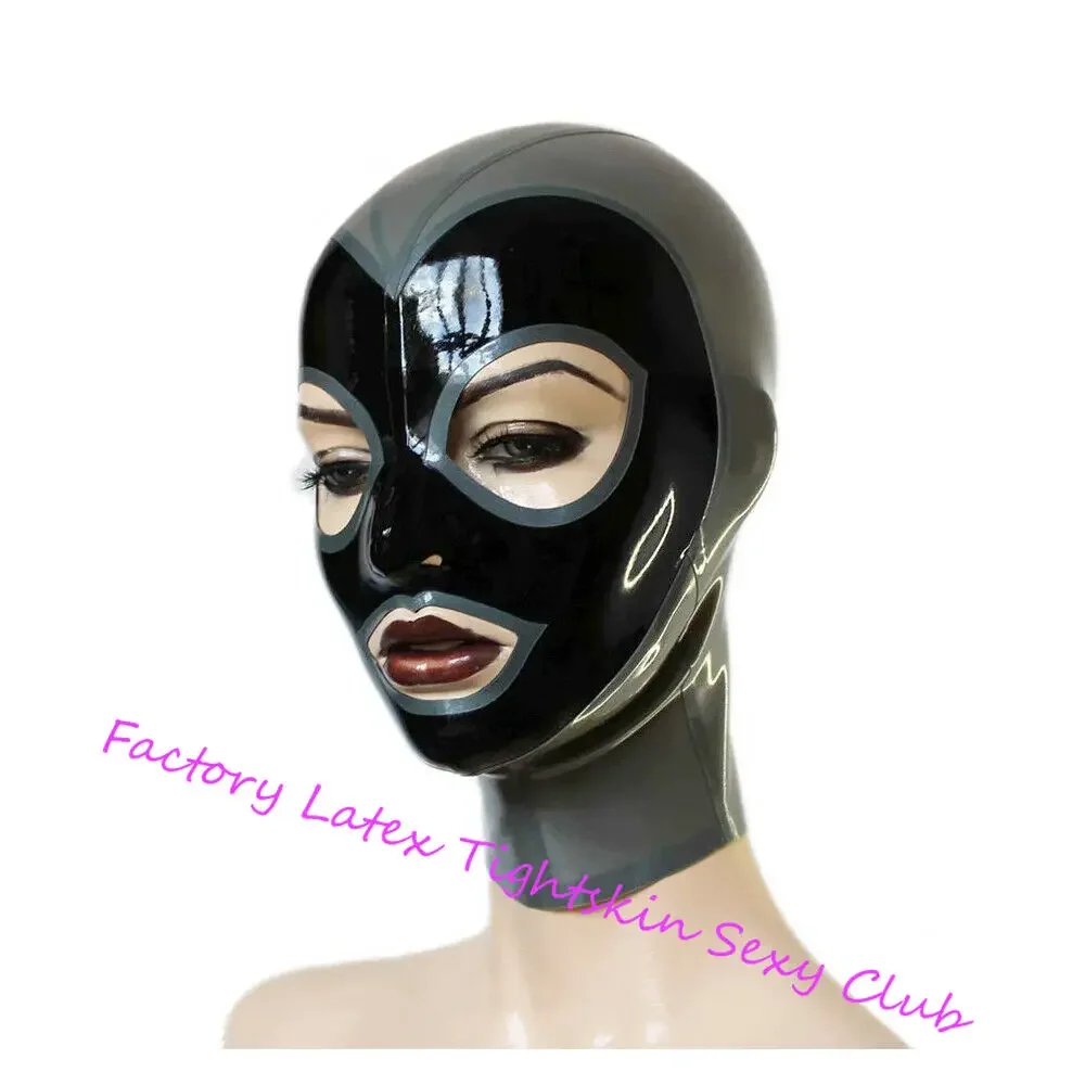 Capuche en Latex Noir avec Bouche et Yeux Ouverts Argentés, Masque Fait à la Main, Tenue de Club, Accessoires de Costumes d'Halloween pour Femme