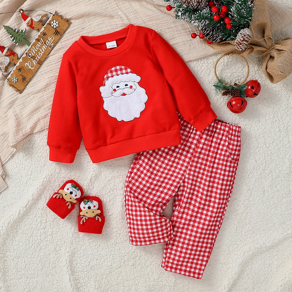 2024 New Baby Gilrs Fall/WInter 6M-4Y Christmas Infant Toddler Clothes Sets Xmas Outfits Santa Embroidery Tops Plaid Pants