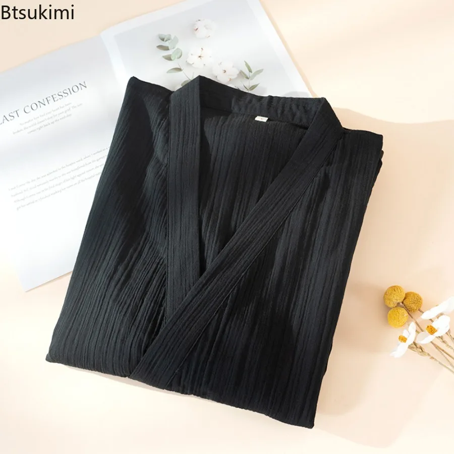 2026 Japanese New Spring Summer Men Plus Size Kimono Robe 100% Cotton Crepe Cloth Male Lace Up Bathrobe Thin Home Sleeping Robe