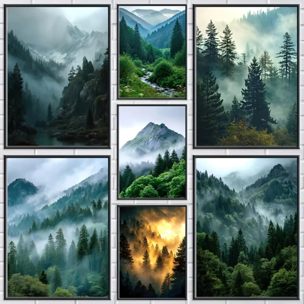 Foggy Mountain Misty Forest Pine Sage Green Wall Art Canvas Painting Nordic Poster and Prints Wall Picture for Living Room De