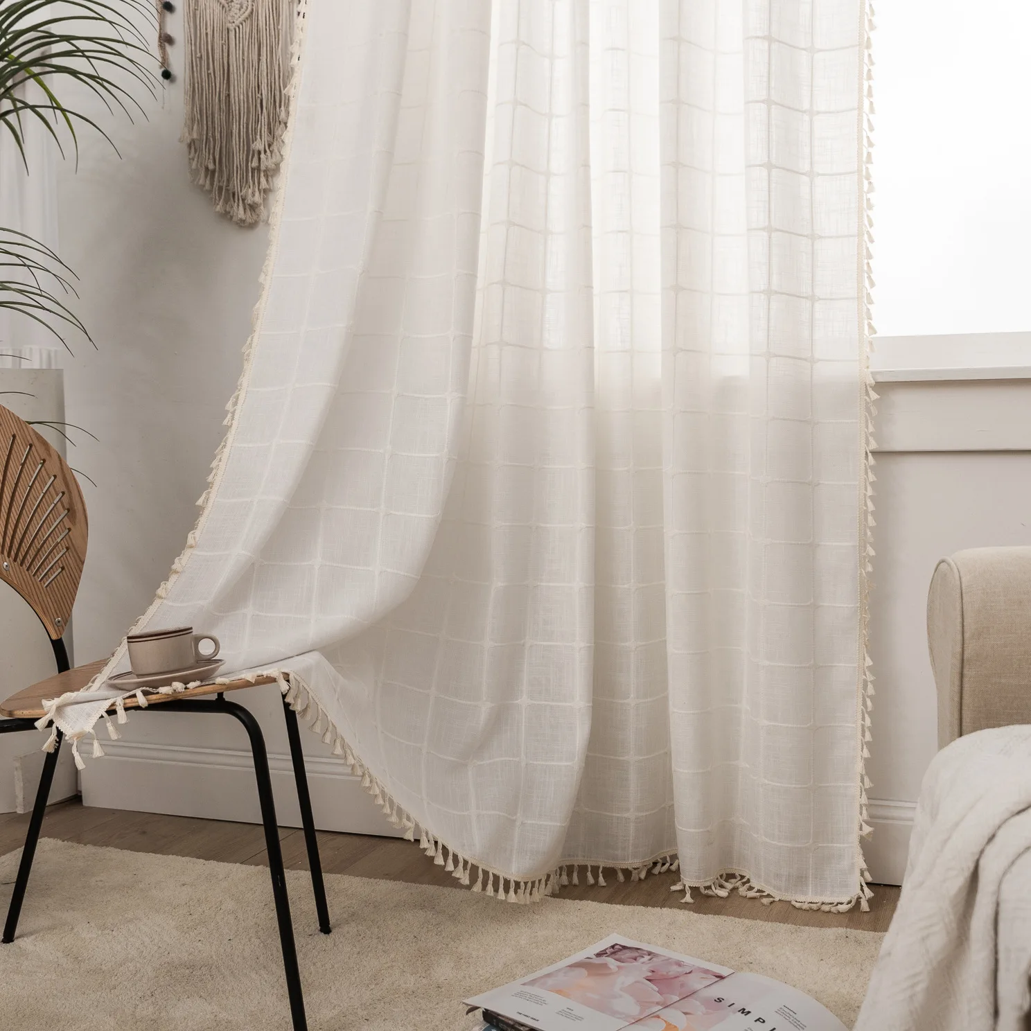 

UI494-Cotton and linen plaid cream white tassel curtains