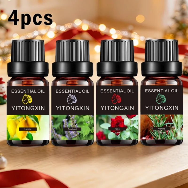 4Pcs Plant Essential Oil (Lemon+Patchouli+Rose+Vanilla) 10ml Per Bottle, Suitable For Body Massage Care