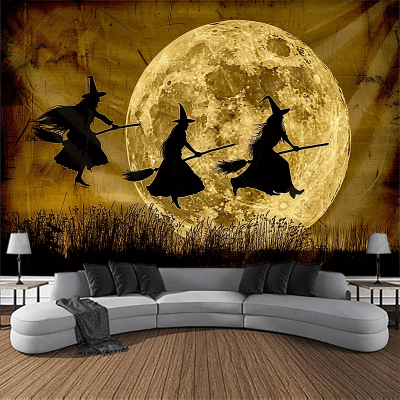 VIKAMA Halloween Witch Tapestry, Flying Witch Tapestry with Vintage Aesthetic, Living Room, Bedroom, and Holiday Party Backdrop