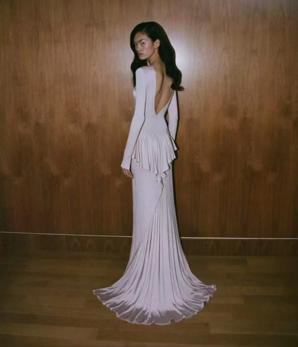 جديد 2025 أزياء أنيقة للنساء حافة أوراق اللوتس غير النظامية عارية الذراعين تكدرت مرونة عالية ضيق كم طويل مساء فستان طويل #2