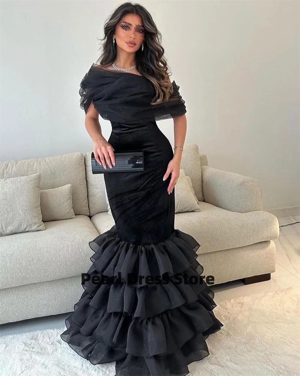 Mermaid Velvet Prom Dresses Saudi Arabic Off the Shoulder Tulle Bolero Tiered Ruffles Dubai Evening Gowns Formal Party