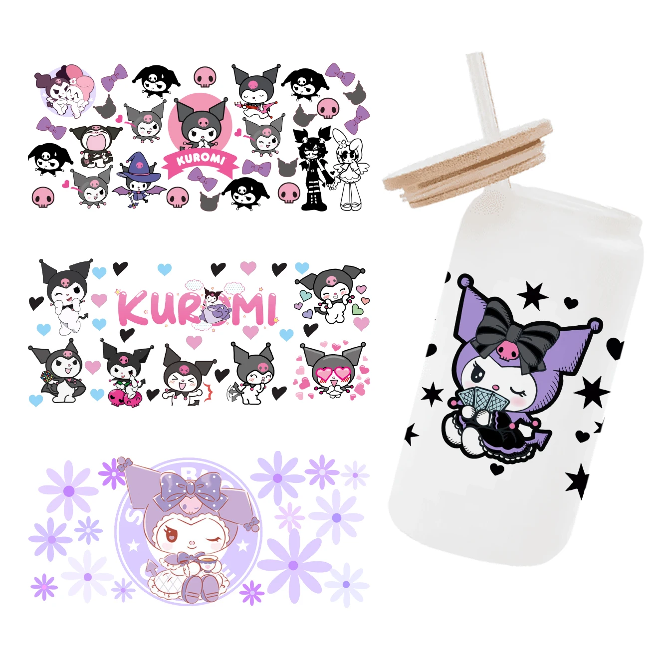 Sanrio Kouromi black Pink cartoon per Libbey 16oz Can Glass 3D Waterproof UV DTF Coffee Can Wrap Libbey Glass Wrap