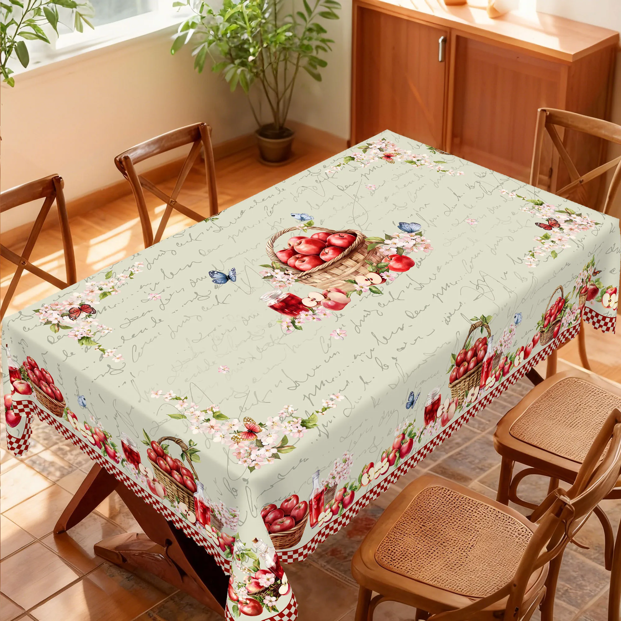 1 Piece of Spring and Summer Tablecloth with Apple-Themed Prints in Round and Rectangular Shapes, Available in Various Sizes, Featuring Watercolor Apple Baskets and Butterflies Arranged in a Staggered Pattern, and a Floral Print Tablecloth with Embossed Edges, Suitable for Home Kitchens, Patio Gardens, and Picnics, in a Pastoral Fresh Style, for Home Decoration in All Seasons