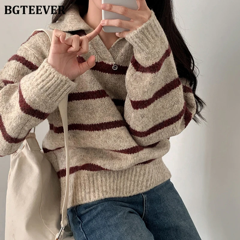 BGTEEVER Casual Warm Loose Turn-down Collar Female Striped Knitted Pullovers Autumn Winter Long Sleeve Women Sweaters Jumpers