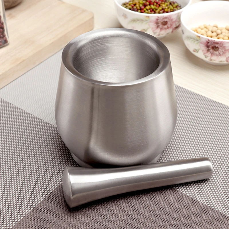 Stainless Steel Mortar Pestle Pedestal Bowl Kitchen Garlic Pepper Spice Grinder Mill  Kitchen Tool