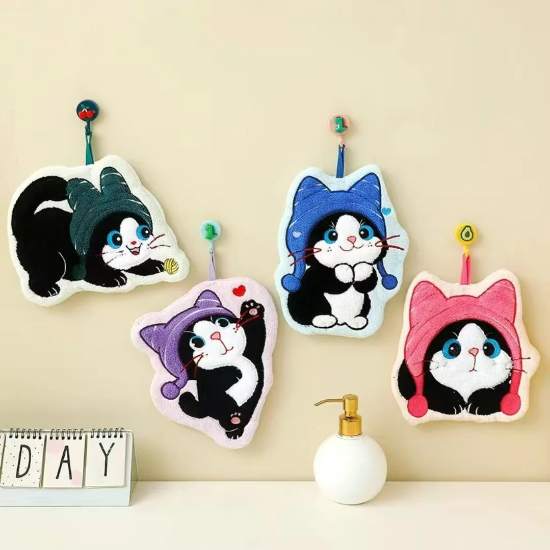 Cute Cartoon Cat Hanging Hand Towel for Kitchen Soft Coral Fleece Absorbent Kids Towel Bathroom Hanky Kids Gift