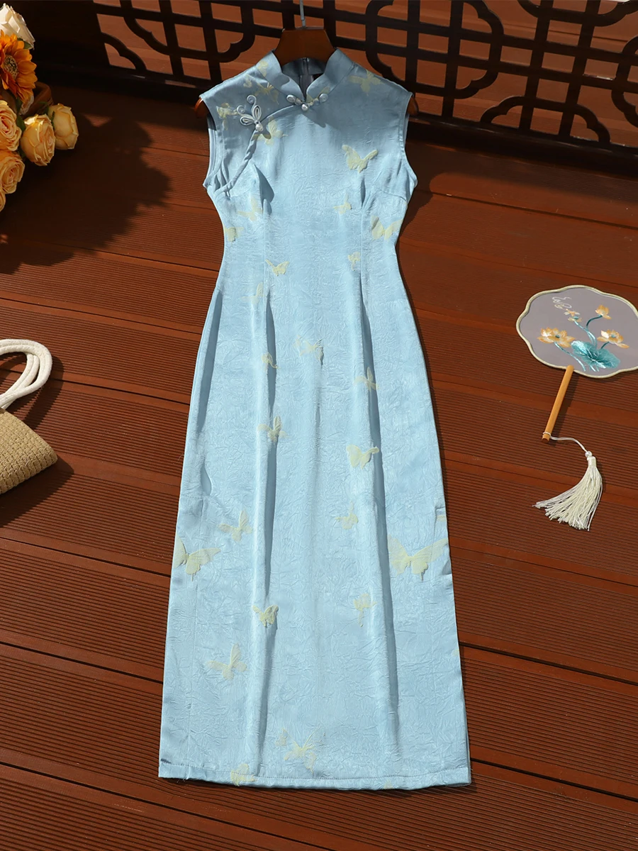 

Blue Sleeveless Qipao Young Women's Style Unique Beauty Slim Fit Daily Wear Comfortable Breathable Long Dress Floral Pattern