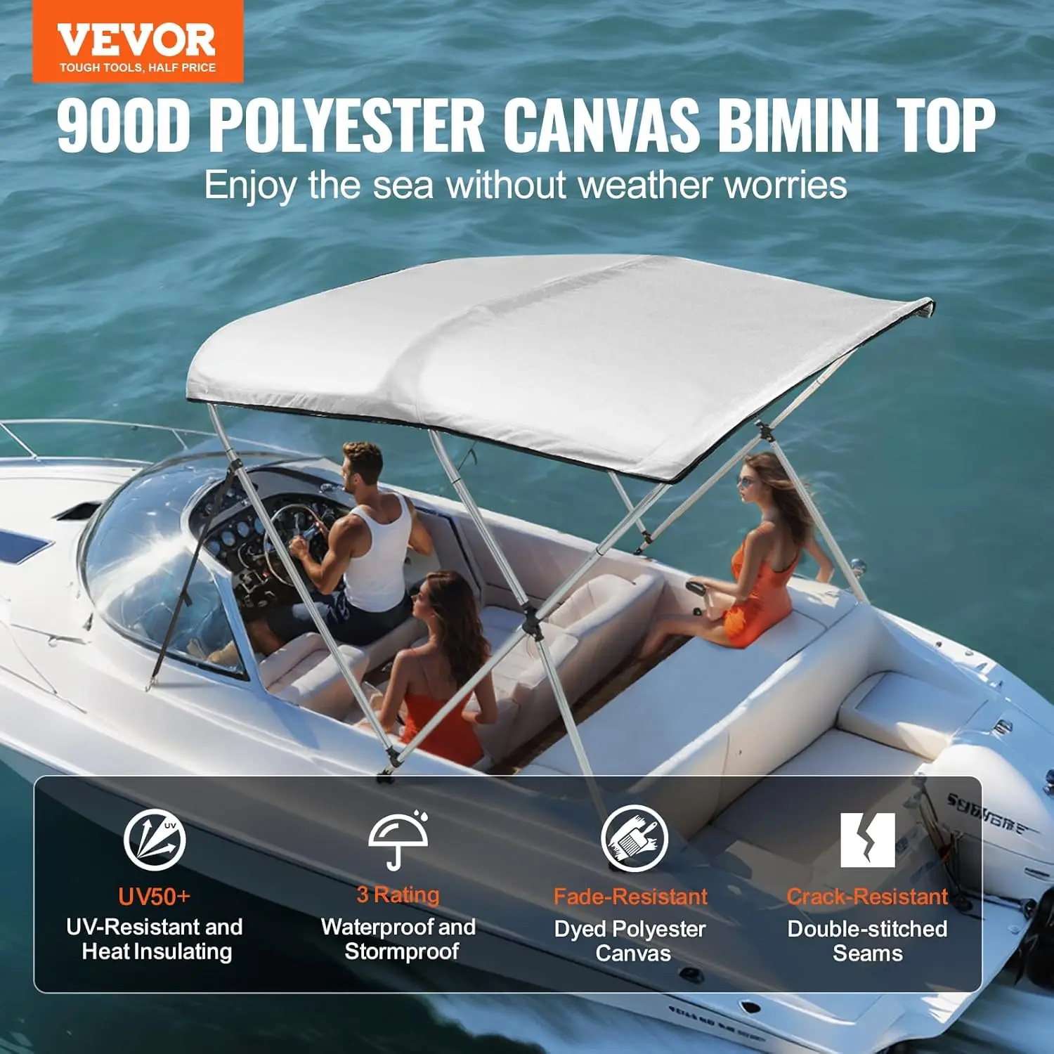 3 tapas Bimini para barco de arco/4 arcos, dosel de poliéster 900D con marco de aleación de aluminio de 1 ", dosel para barco impermeable y parasol