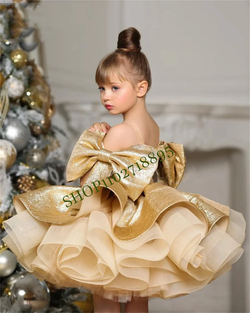 Blumen mädchen Kleider Bogen geschwollene kleine Mädchen Kleid Satin Prinzessin Kleid Baby Mädchen Kleider Erstkommunion Bogen