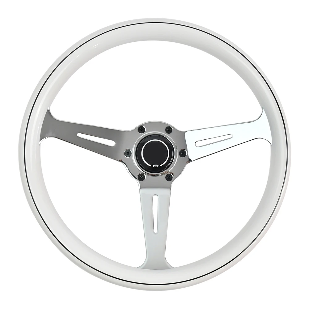 

Universal White Solid Wood 350mm Racing Steering Wheel 50mm Deep Bracket Anti-Slip Vintage Steering Wheel with Black Lines