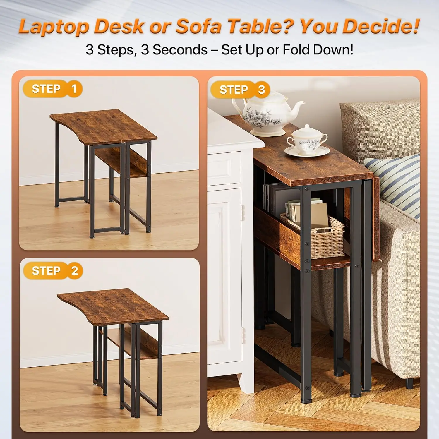 31.5 Inch Foldable Computer Desk with Storage Shelf, Space Saving Office Table for Small Spaces, Rustic Brown