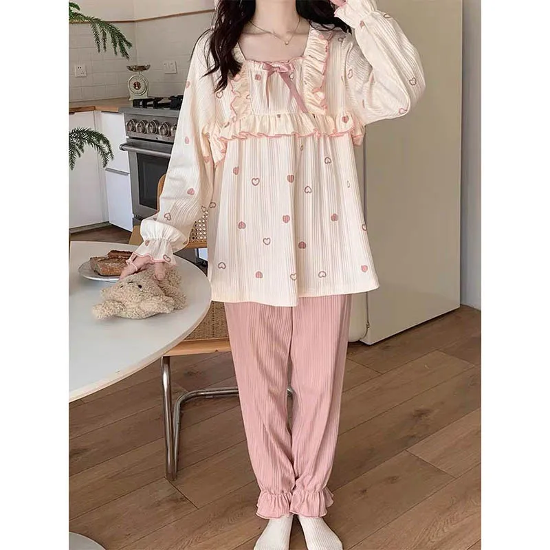 Heart Sleepwear Women Square Collar Pajama Sets Pants Sets 2 Pieces Piiama Korean Style Full Sleeve Home Suit Spring Night Wears