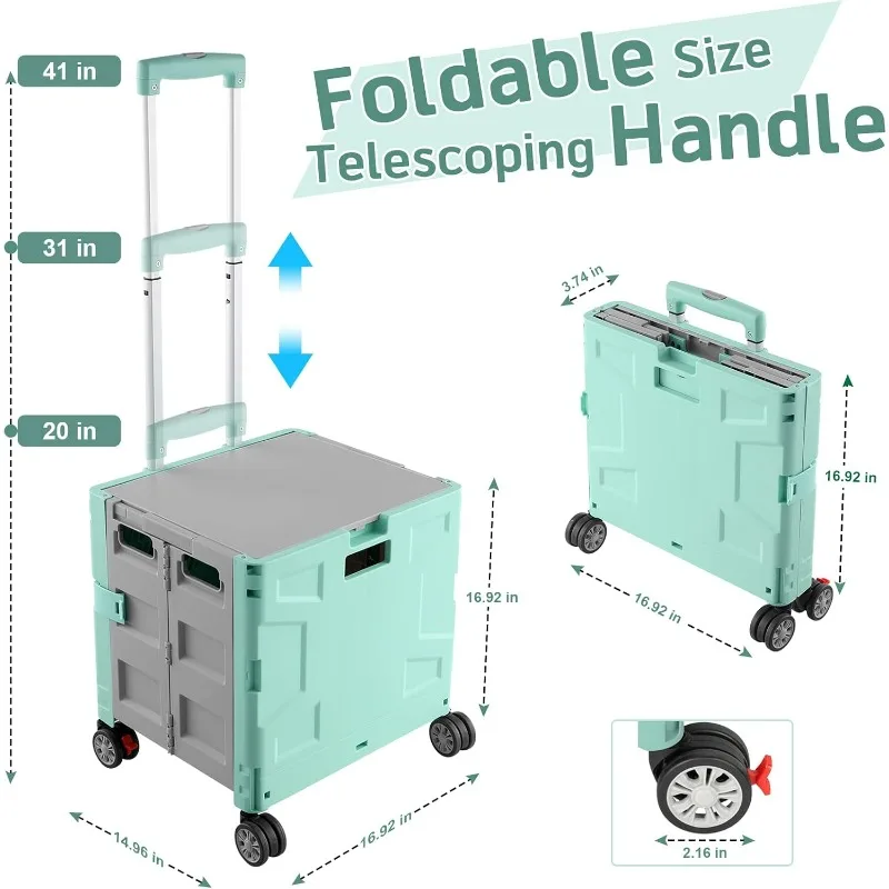 Folding Utility Cart Portable Rolling Crate Handcart with Durable Heavy Duty Plastic Telescoping Handle Collapsible Hidden Lid