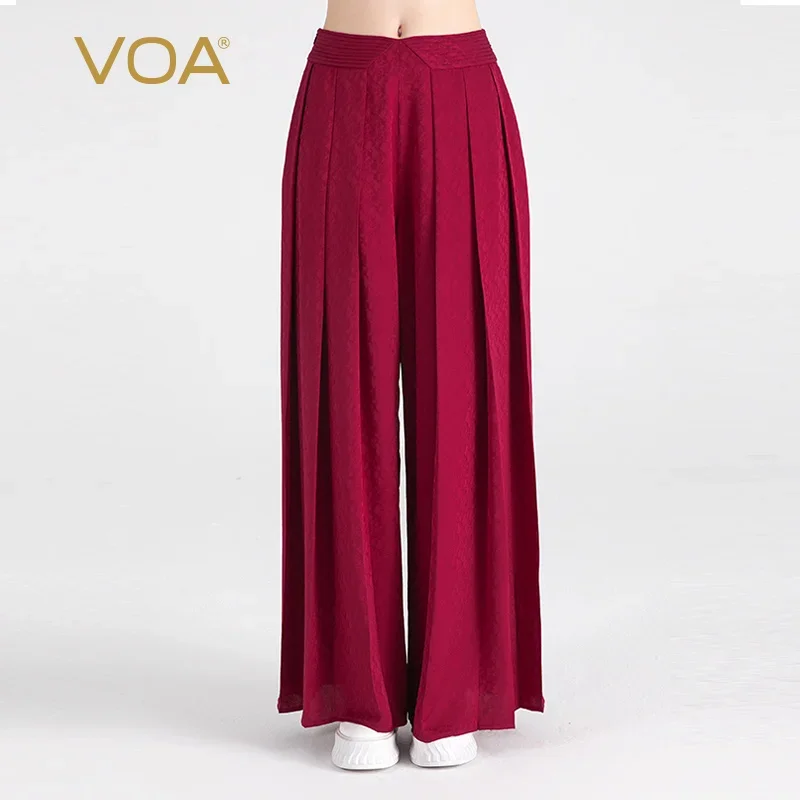 VOA Jacquard Silk Vintage Burgundy Natural Waist Trousers Side Pocket Yoke Pleated Culottes Loose Silk Women Pants Summer KE967