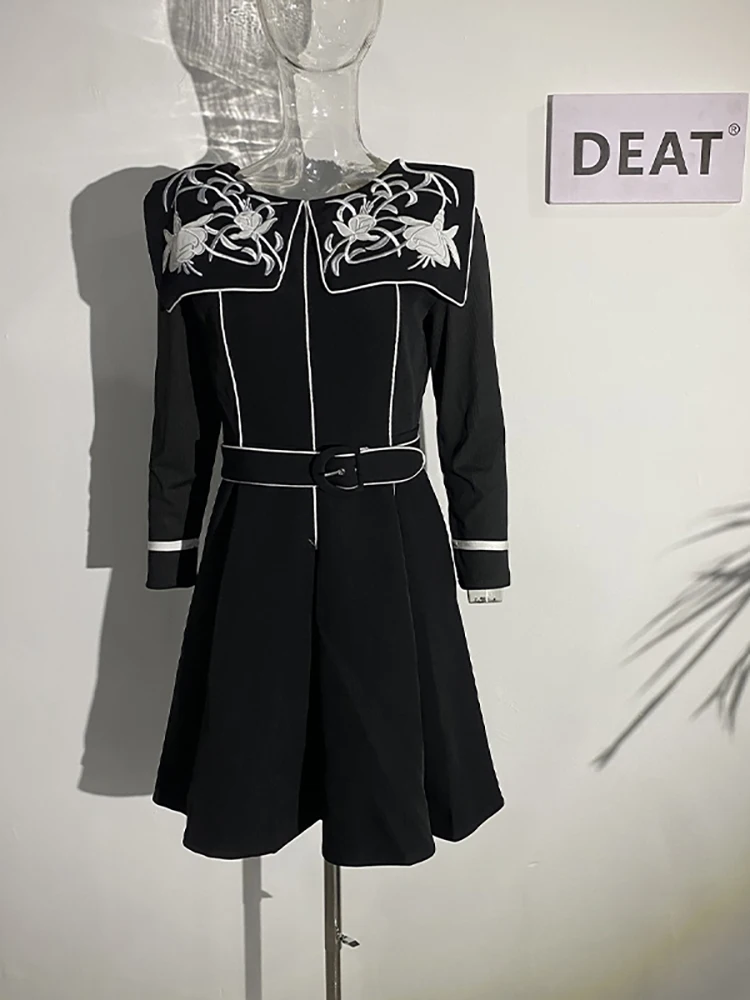 DEAT Elegant Dress Sailor Collar Embroidery Knitting Sleeve Waist Pleated Women\'s Long Dresses 2024 Summer New Tide 13DB1112