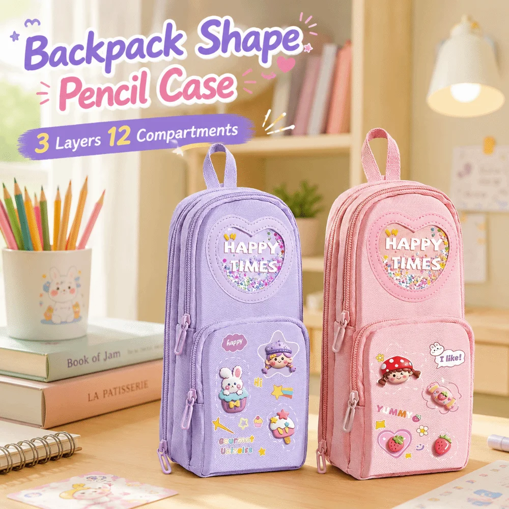 Kawaii Backpack Shaped Pencil Case Multi-Layer Large Capacity Pen Bag Stationery Pouch Gift