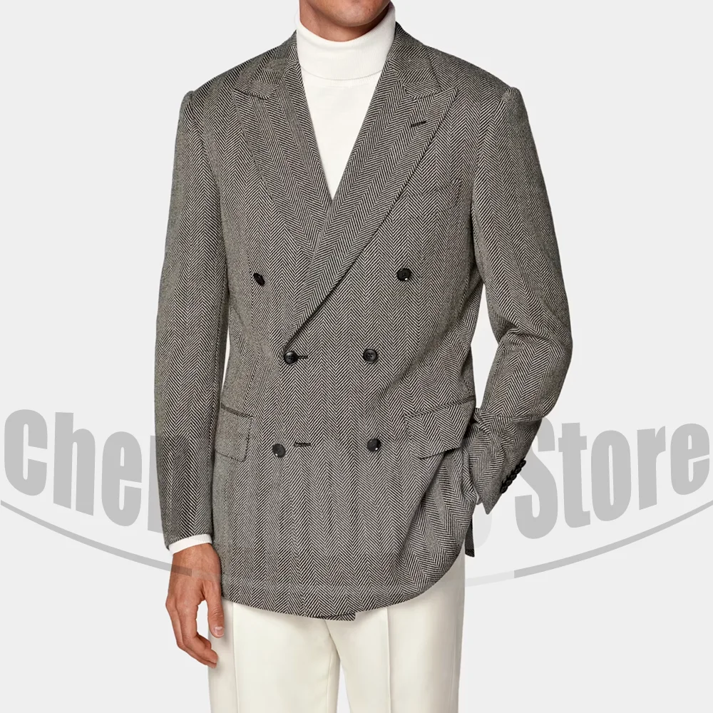 

Мужской серый пиджак с узором «елочка», модное двубортное пальто с пиковыми лацканами, цельный деловой повседневный повседневный пиджак на заказ