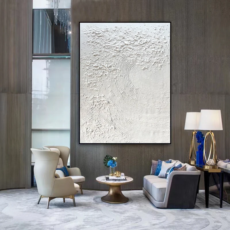 Custom Frameless Abstract Oil Painting, Modern Mural Art, Pure White Waves, Quartz Sand Texture Hand-painted Canvas Painting