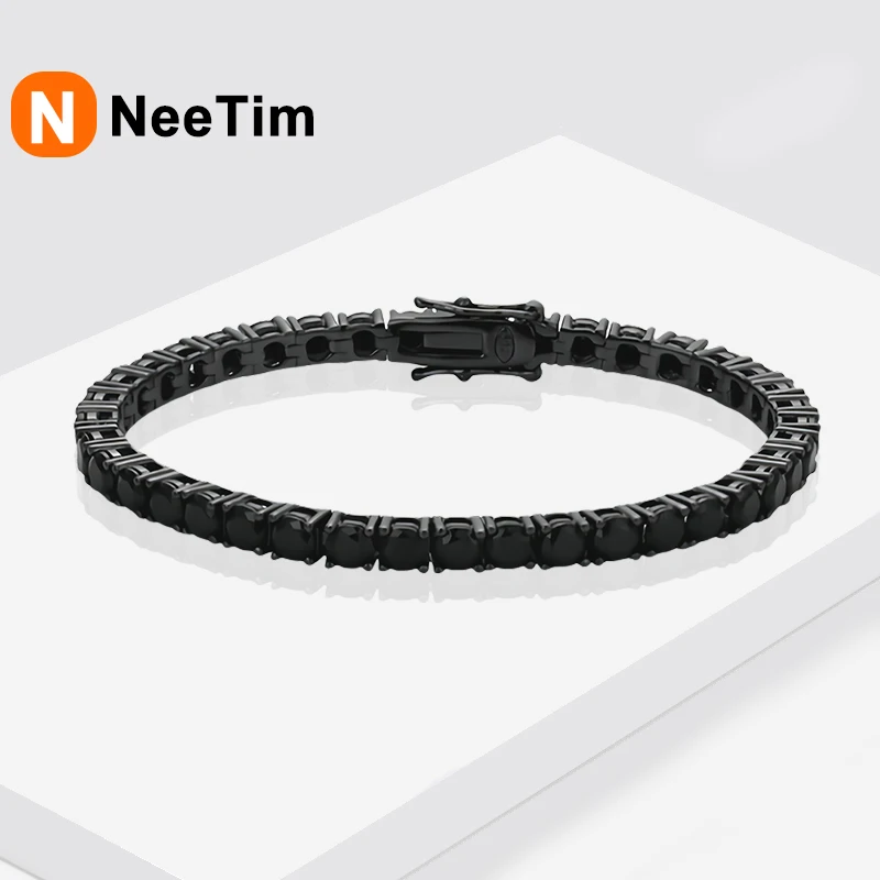 NeeTim 3mm 4mm 5mm Black Moissanite Tennis Bracelet for Women Man 925 Sterling Silver Hip Hop Full Diamond Men Bracelets GRA