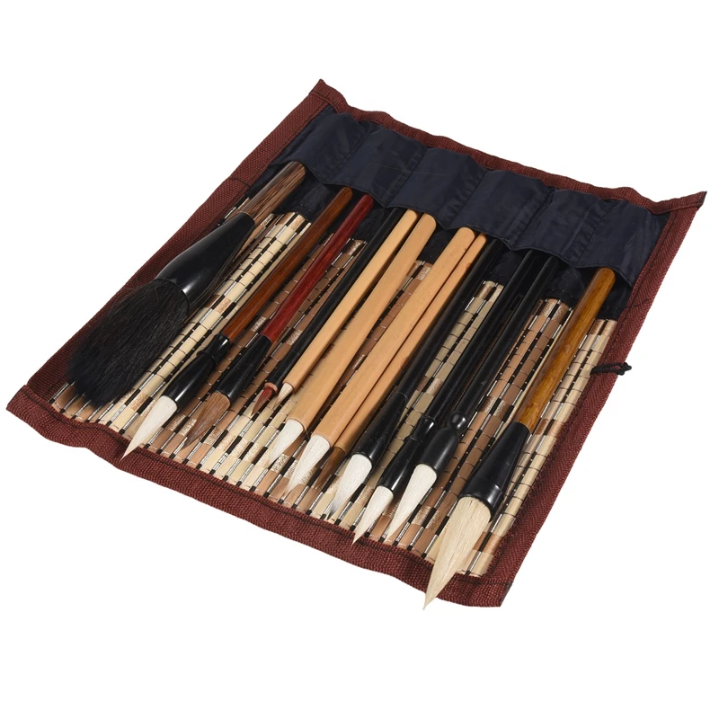 Kit de pinceaux de calligraphie chinoise, 12 pièces, avec support enroulable, parfait pour aquarelle, Kanji, peinture et dessin Sumi, Durable