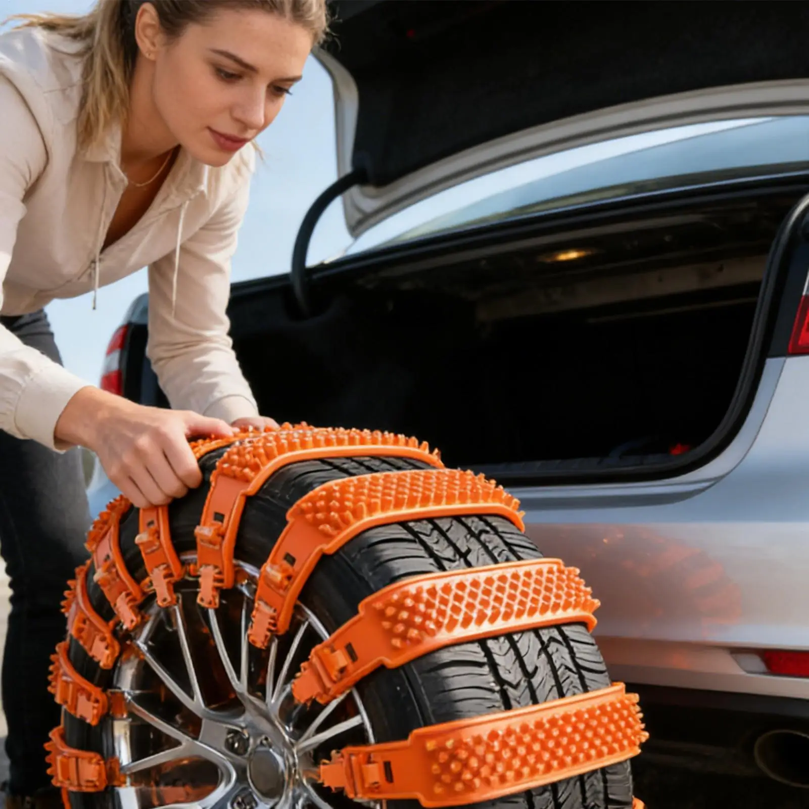 

10pcs tire chains, universal emergency tire chains, adjustable anti-skid straps, with strap securing, for most cars on snow, ice