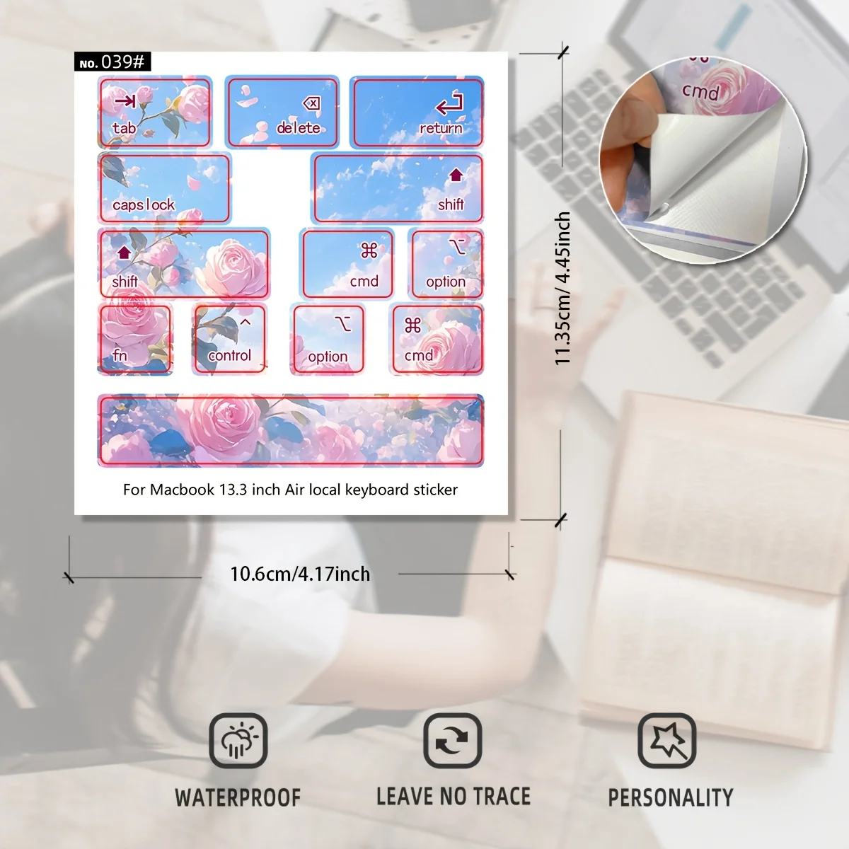Matte Retro Rose MacBook Air Keyboard Sticker, PVC Self Adhesive Anti-Scratch Keyboard Protector