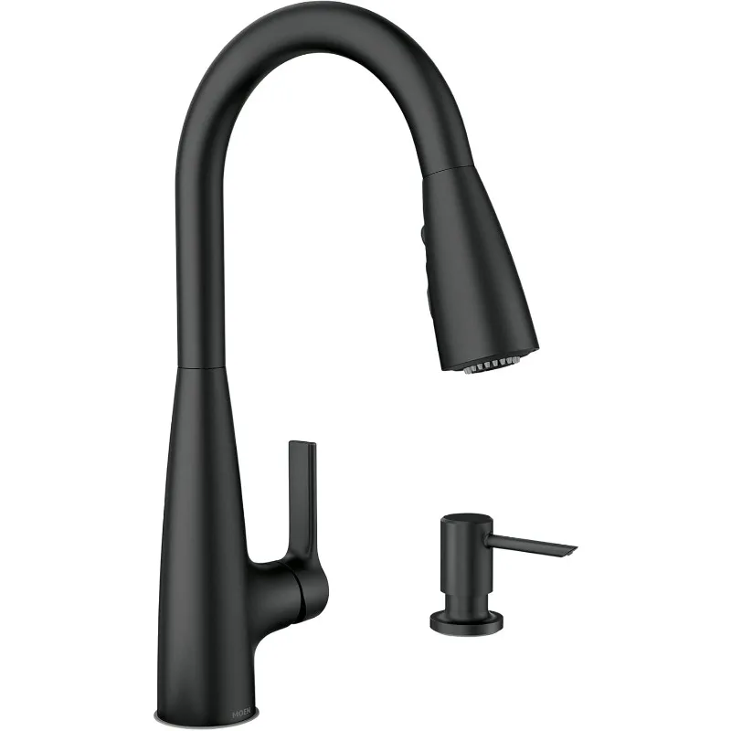 Black Single Handle Hand Pull Sprayer Kitchen Faucet with Power Enhancement for Faster Cleaning, Including Soap Dispenser