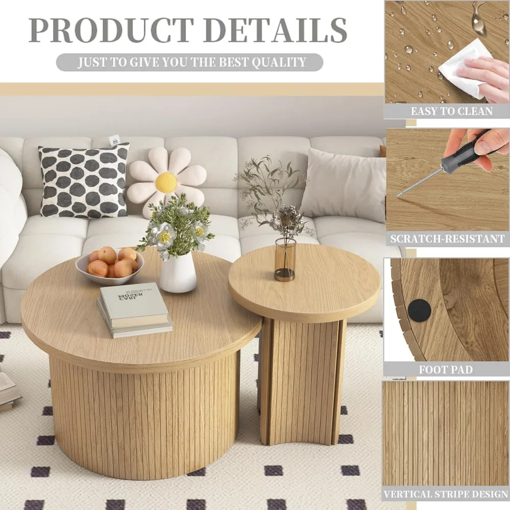 Farmhouse Style Round Wood Coffee Table Set for Living Room, Including 2 Nesting Tables and Small Sofa Tables