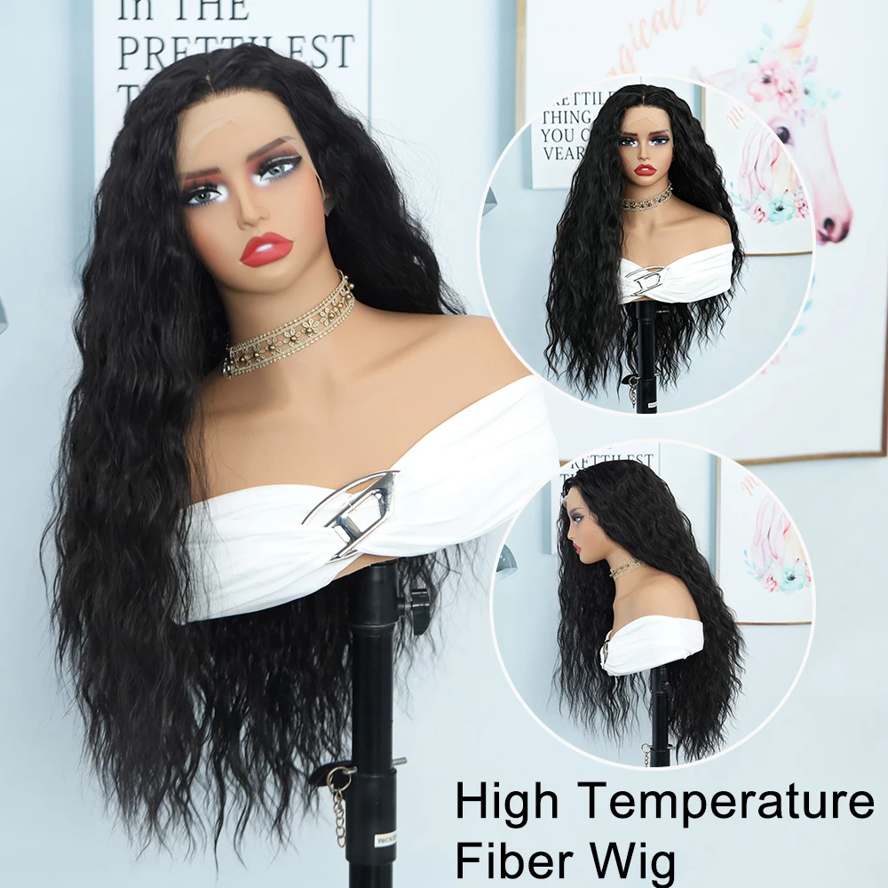 Lace Front Wig – Curly Black Synthetic Hair, Natural Middle Part, Soft Heat-Resistant, Great for Daily, Parties & Cosplay