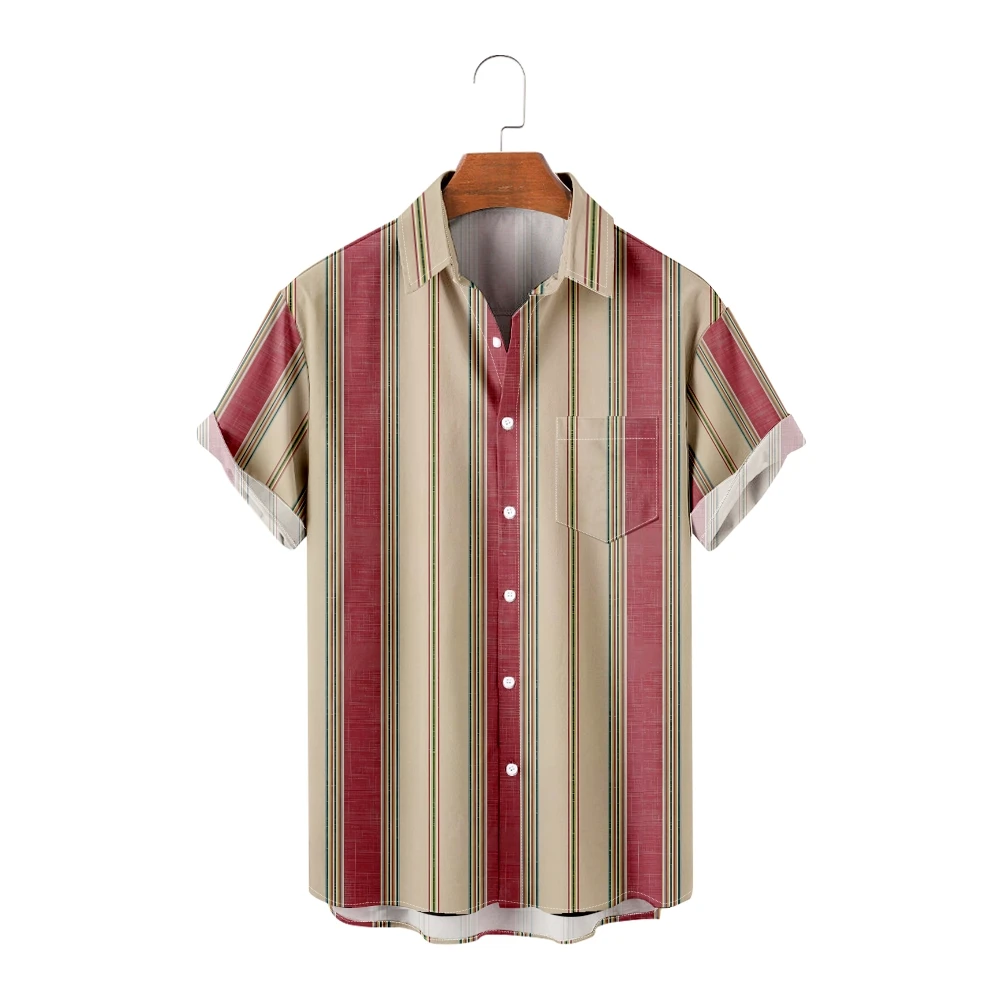 

Men's Casual Shirts Patchwork Color Stripes Short Sleeve Shirts Cool Summer Tops Vintage Breathable Plus Size