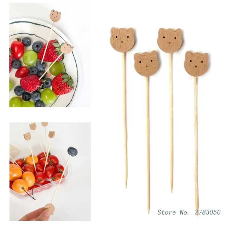 100Pcs Cute Bear Disposable Bamboo Buffet Food Picks Dessert Fruit Forks for Birthday Baby Shower Party Cake Sticks Decoration