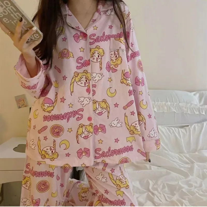 Sailor Moon anime peripheral cartoon cute print girly heart autumn and winter long-sleeved trousers pajamas set casual home wear