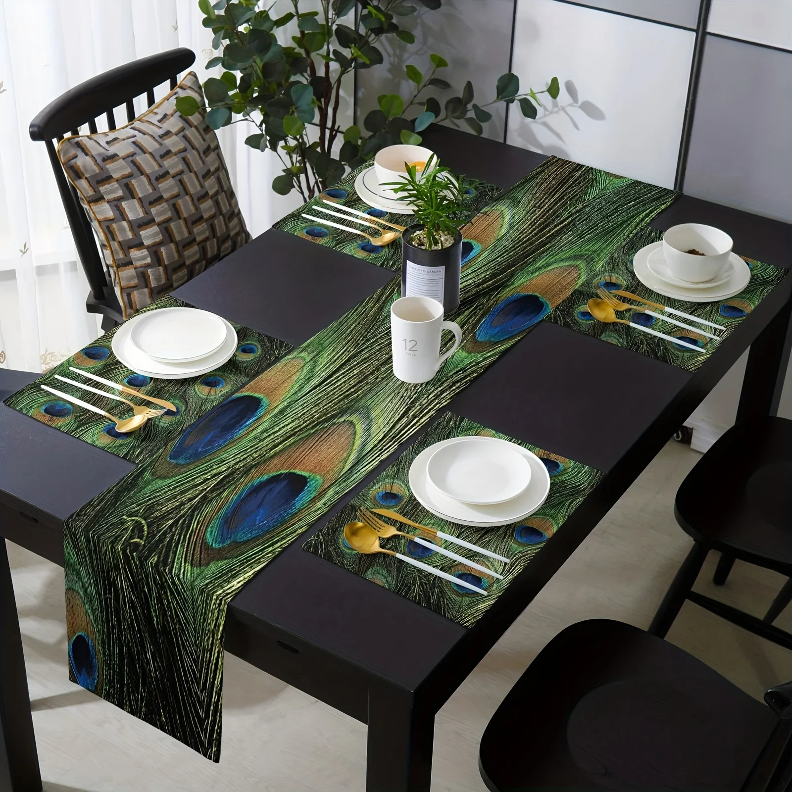 1pc Luxurious Green Peacock Feather Texture Linen Table Runner Stain Repellent for Dining Room Kitchen Festive Tablecloth