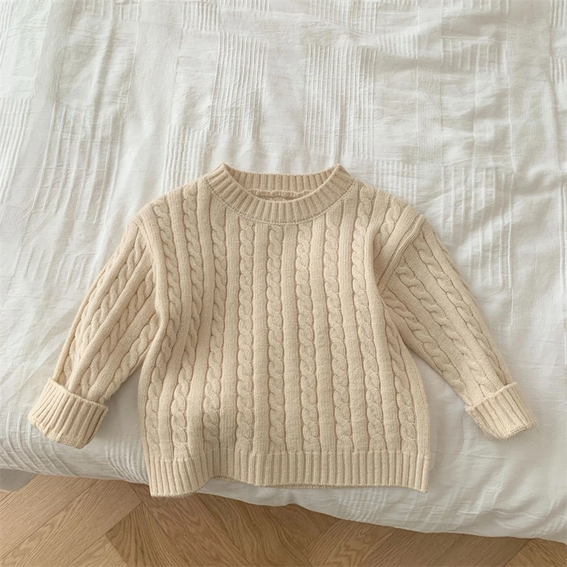 Kids Sweater Autumn Winter Girls Warm Clothes Boys Solid Color Knitted Round Neck Top 1-8 Years Old Children Leisure Pullover