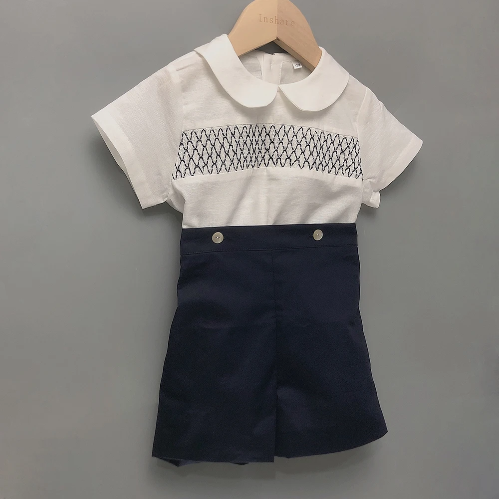 2Pcs Children Boutique Clothing Boy Spanish Smocking Set Cotton Linen Summer Short Sleeves Suit Toddler BABI Outfit Baptism