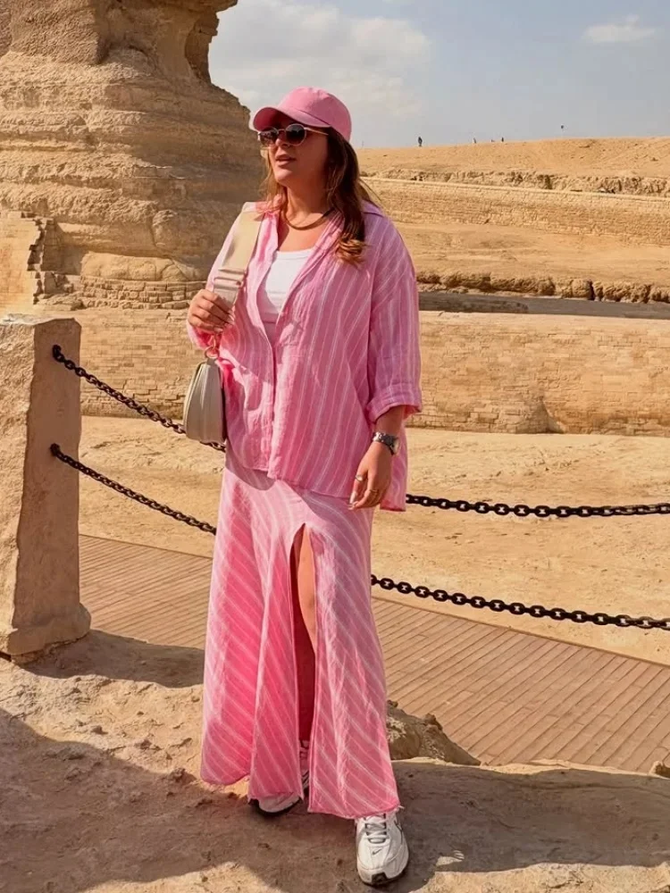 Woman Fashion Stripes Pink Skirt Sets Or Spring Female Single Breasted Full Sleeves Shirts Or Lady Chic Side Split Long Skirts