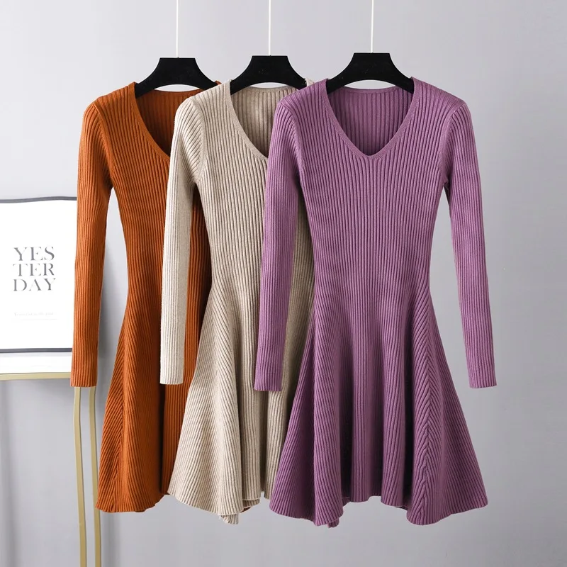 HLBCBG Fashion Sexy Short Knit Mini Dress Women Autumn Winter Dress V Neck Thick Ribbed Party Dress Soft Warm lady Sweater Dress