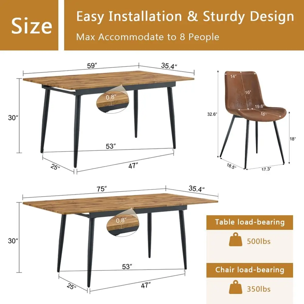Set for 8, 59"-75" Extendable Dining Room Table Set with 8 Upholstered Chairs, Wood Kitchen Table Chairs Set for Living Room,