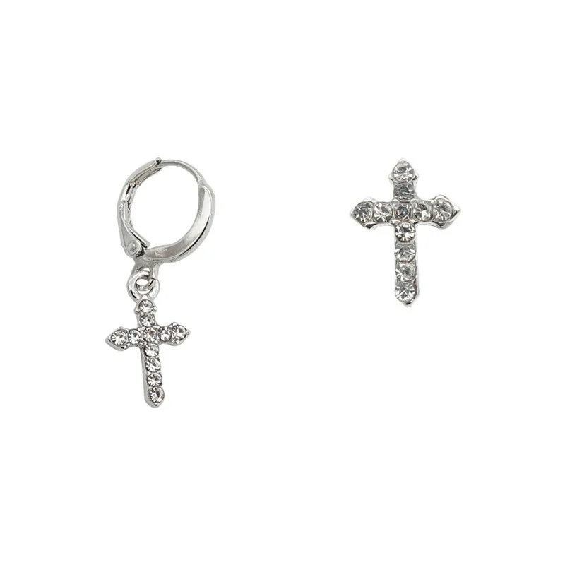 Asymmetric Big Small Crosses Star Earrings for Women Fashion Silver Color Crystal Drop Earrings Metal Loop Stud Ear Jewelry