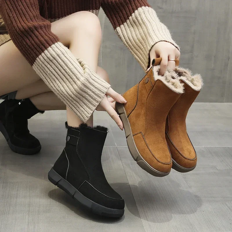 2024 Fashion Shoes Female Side Zipper Women's Boots Winter Round Toe Plush Fleece for Warmth Solid Short Barrel Flat Boots