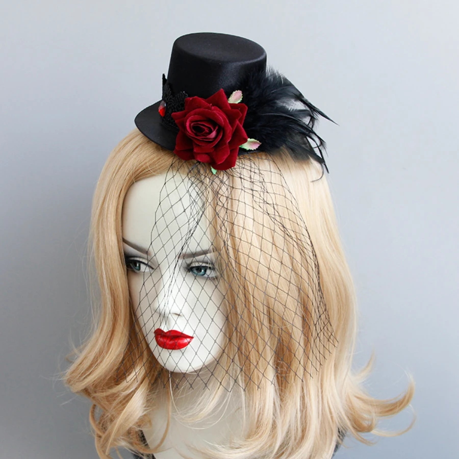 Gothic punk retro red rose feather mesh sexy Comic-Con small top hat show headwear accessories