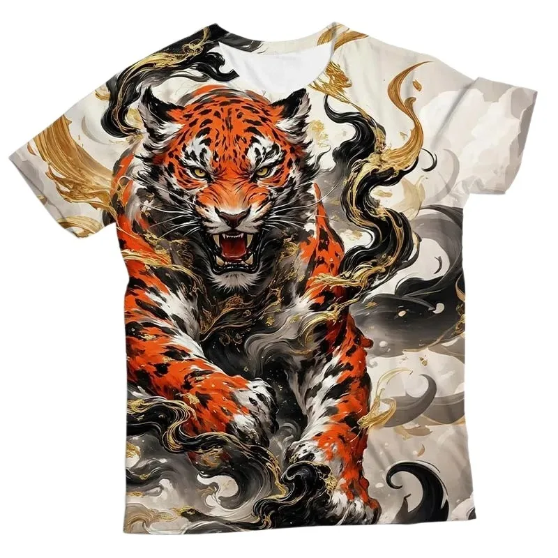 2026 Mens 3D Tiger Print Short Sleeve Crew Neck T-Shirt Breathable Medium Stretch Casual Fashion Tee for Outdoor Weekend Wear