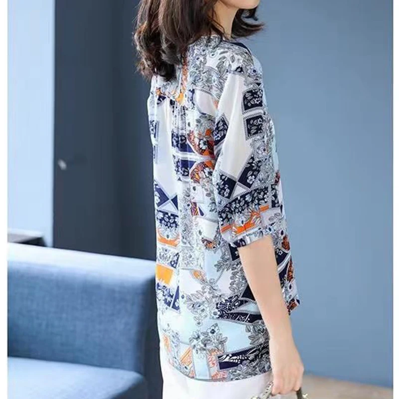 Summer Elegant Fashion New Chic Shirt Women Folk Vintage All Match Contrasting Color V Neck Half Sleeve Print Loose Casual Top