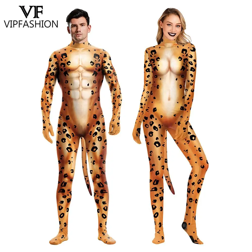 

VIP FASHION Full Cover Leopard Jumpsuit Women Men Zentai Bodysuit Male Adult Costume Fox Snake Printed Bodysuit