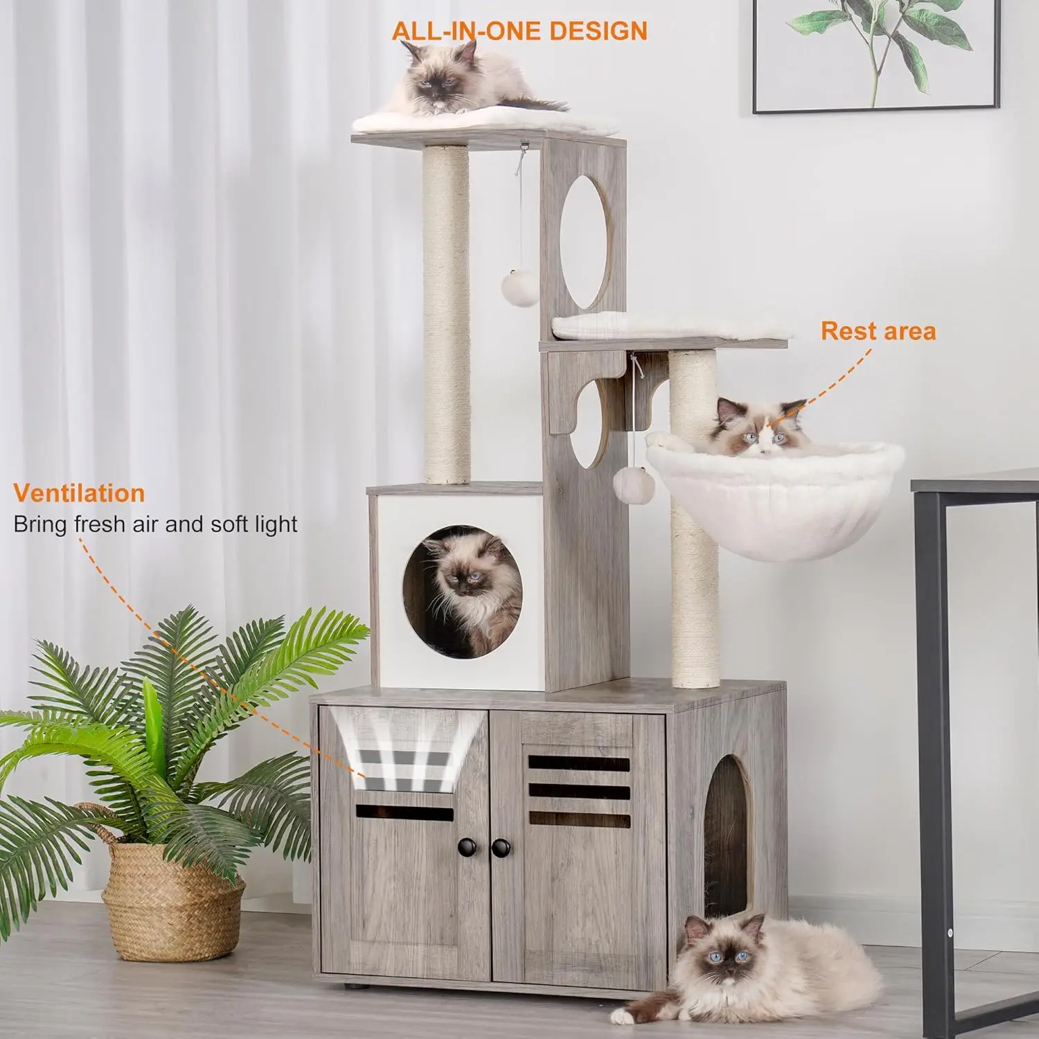 Árbol para gatos, caja de arena de madera con estación de comida, muebles para gatos de interior todo en uno con plataforma grande y condominio, hamaca